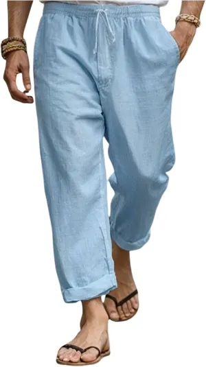 2025 Men's Cotton Linen Pants Elastic Waist Casual Solid Color Drawstring Straight Pants