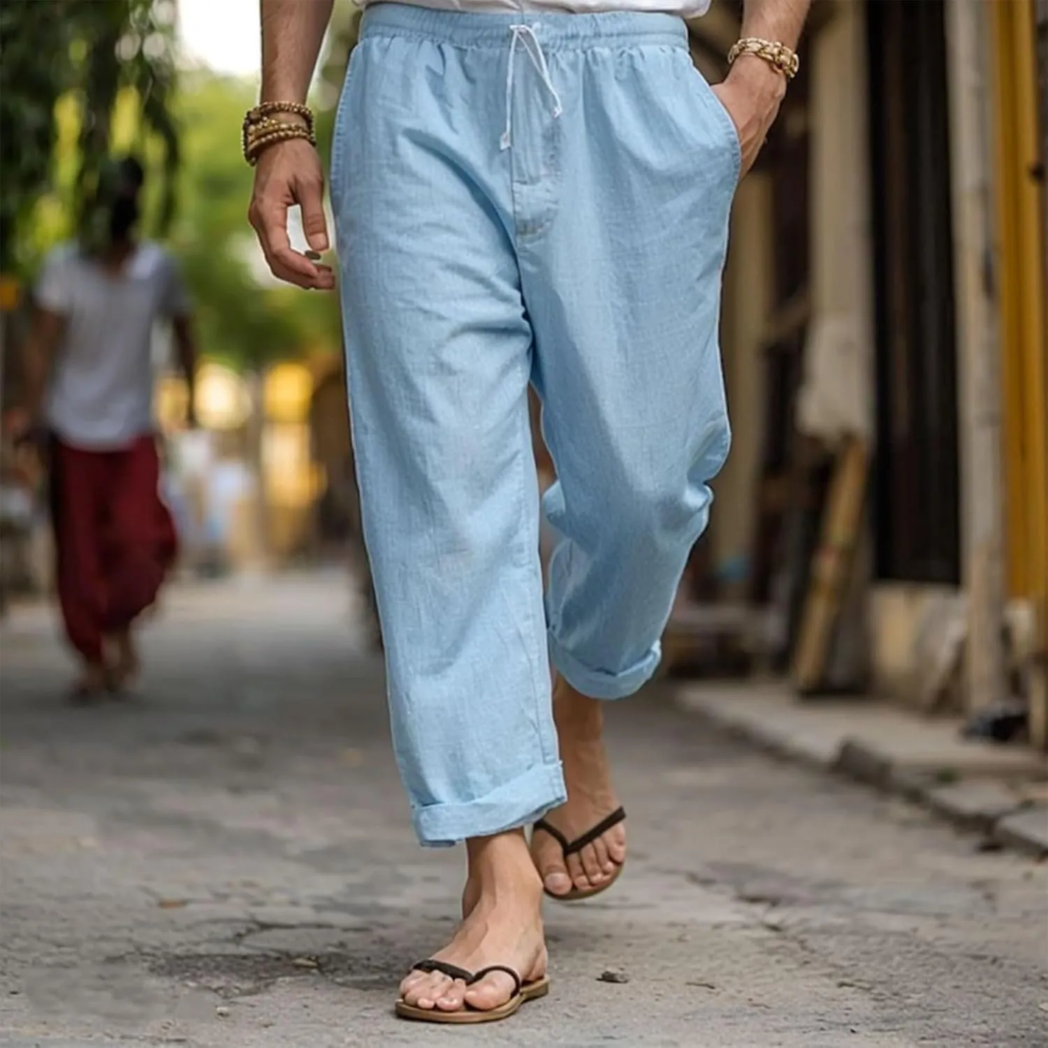 2025 Men's Cotton Linen Pants Elastic Waist Casual Solid Color Drawstring Straight Pants