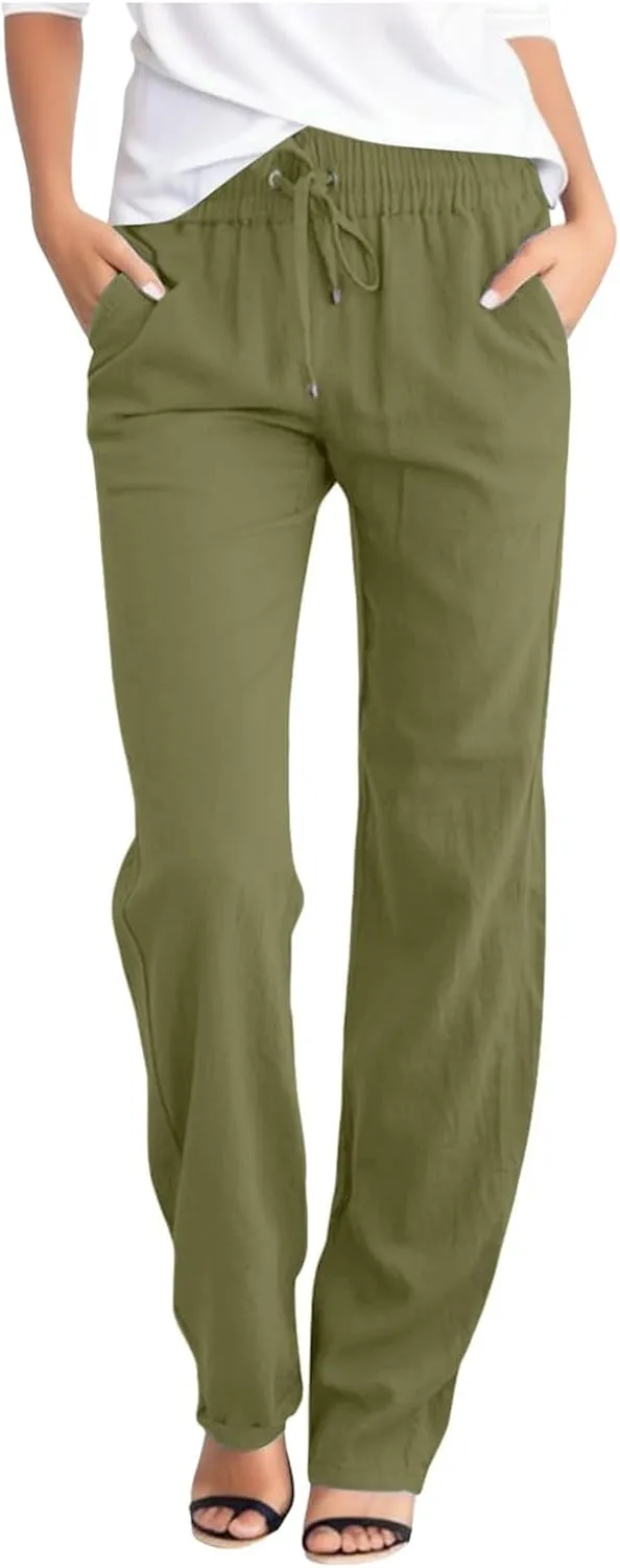 2025 Womens Casual Cotton Linen Pants Lightweight Summer Relax Fit Elastic Waist Solid Color Lounge Long Trousers