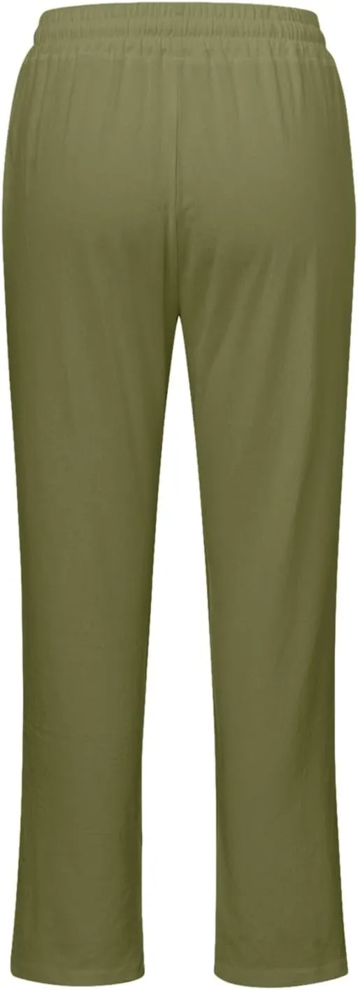 2025 Womens Casual Cotton Linen Pants Lightweight Summer Relax Fit Elastic Waist Solid Color Lounge Long Trousers