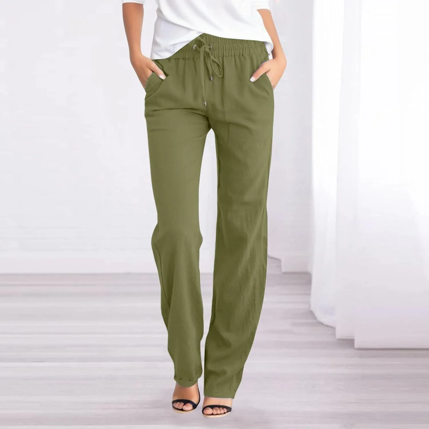 2025 Womens Casual Cotton Linen Pants Lightweight Summer Relax Fit Elastic Waist Solid Color Lounge Long Trousers