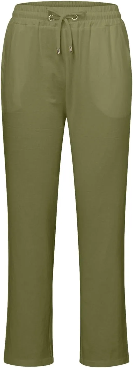 2025 Womens Casual Cotton Linen Pants Lightweight Summer Relax Fit Elastic Waist Solid Color Lounge Long Trousers