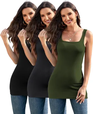 3Packs Cotton Ribbed Square Neck Long Tank Top for Women Yoga Top Layering Undershirts Camisole