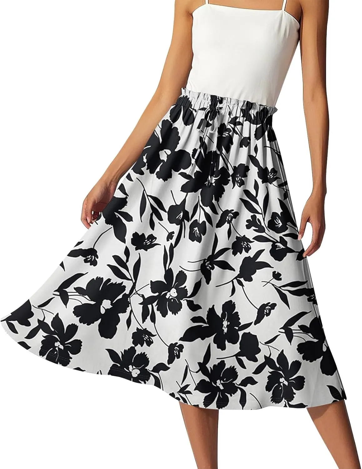 ADHOWBEW Long Skirts for Women 2025 Cotton Elastic Waist Floral Print Beach Casual Flowy Trendy Skirts