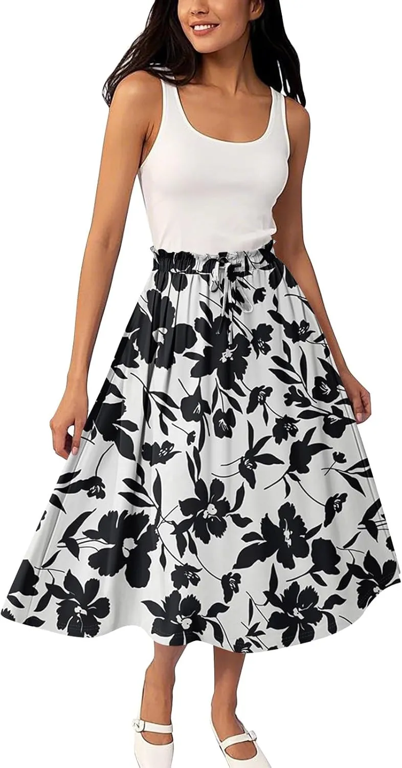 ADHOWBEW Long Skirts for Women 2025 Cotton Elastic Waist Floral Print Beach Casual Flowy Trendy Skirts