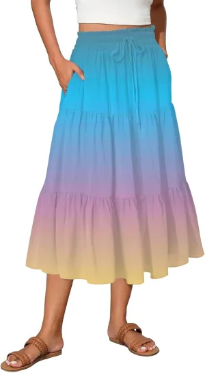 ADHOWBEW Skirts for Women Midi Length Summer Trendy Elastic Waist Smocked Beach High Waist Bohemian Skirts