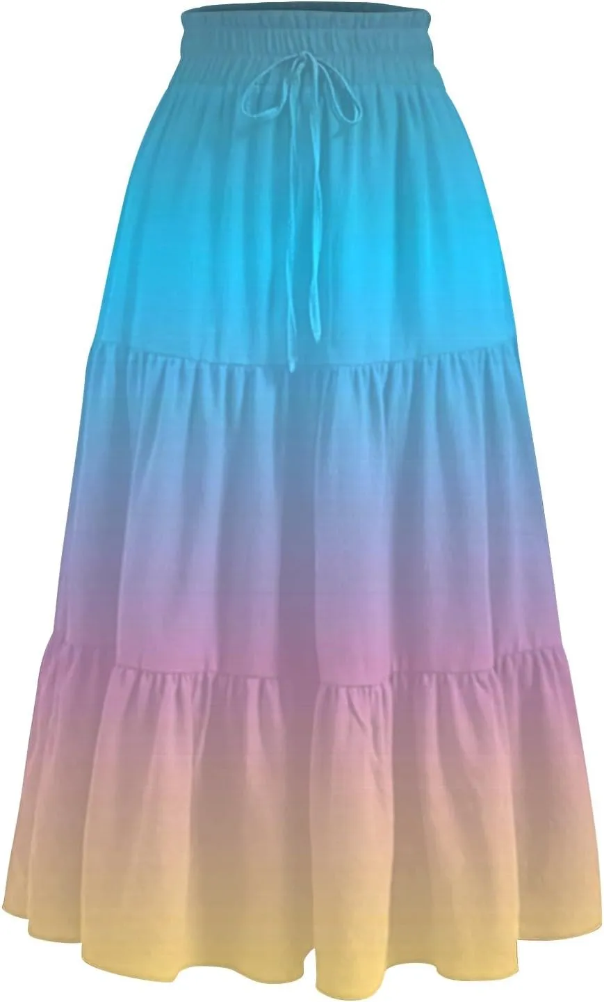 ADHOWBEW Skirts for Women Midi Length Summer Trendy Elastic Waist Smocked Beach High Waist Bohemian Skirts