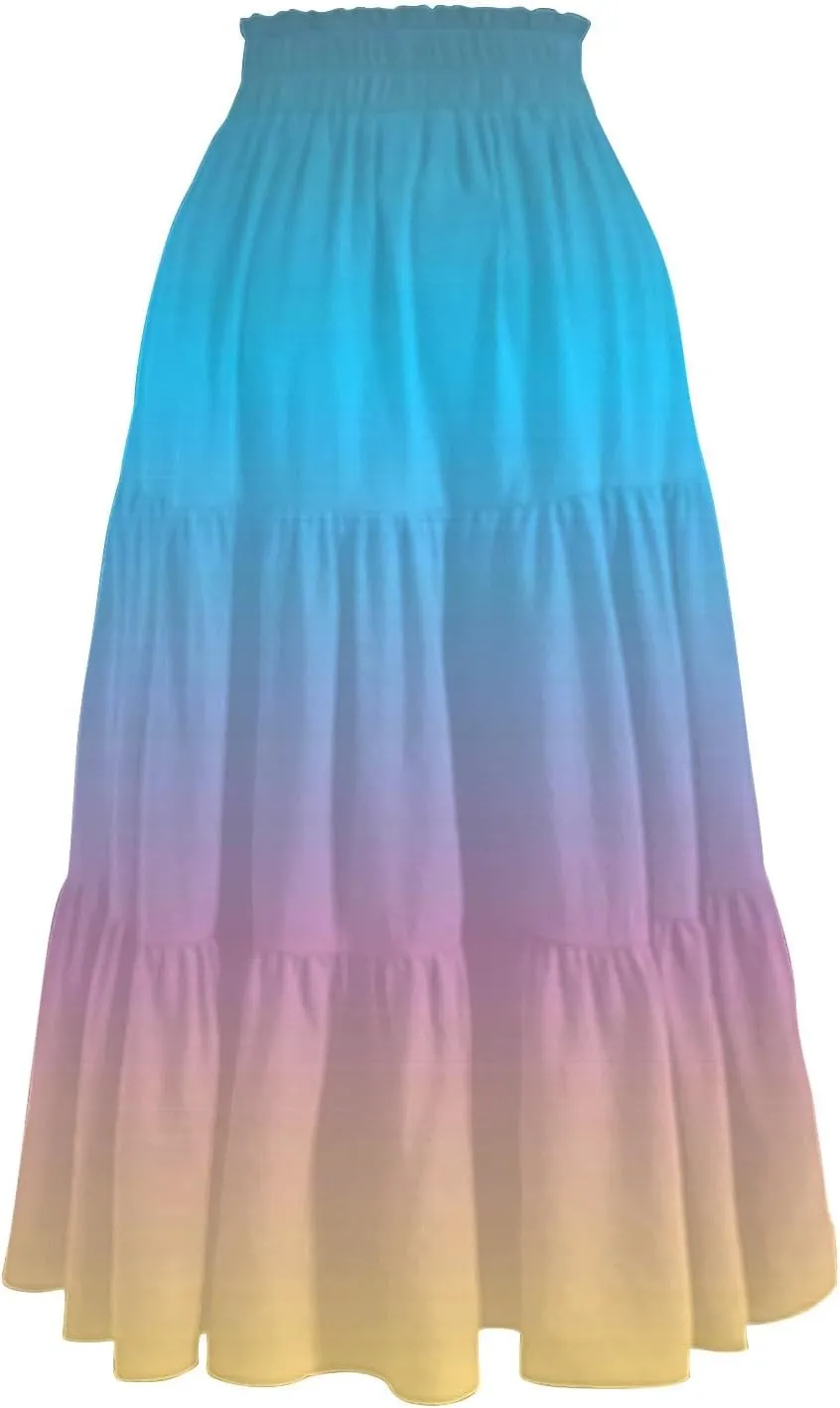 ADHOWBEW Skirts for Women Midi Length Summer Trendy Elastic Waist Smocked Beach High Waist Bohemian Skirts