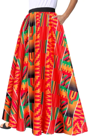 Afibi Women African Skirt Printed Ankara Maxi Skirt Dashiki Long Skirts with Pockets