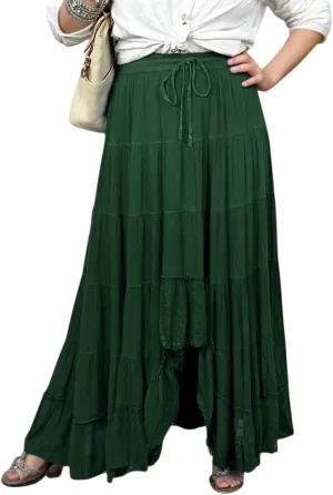 Agan Traders Women's 2025 Spring Peasant Tiered A Line Flared High Low Elastic Waistband Flowy Long Maxi Skirt