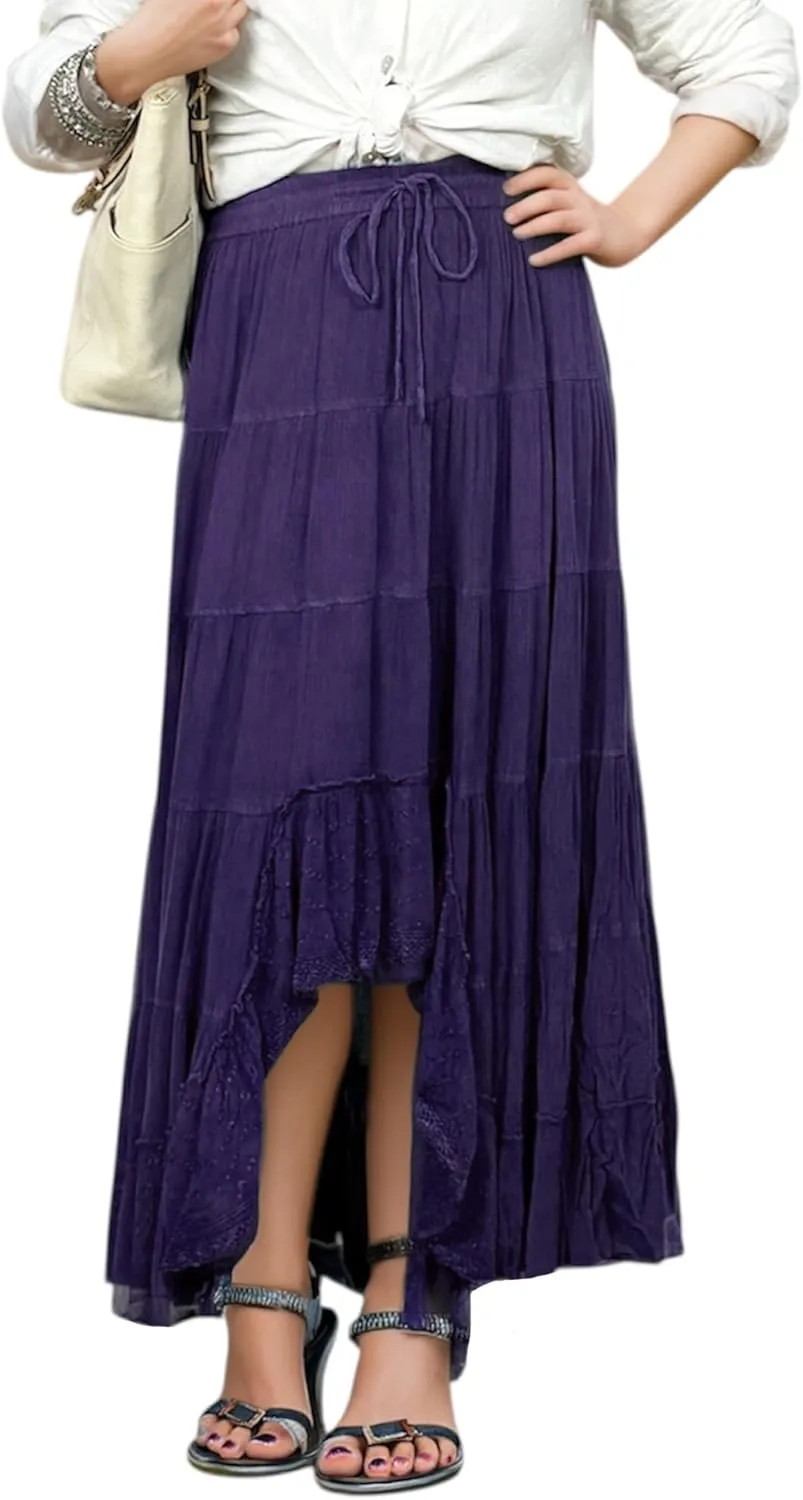 Agan Traders Women's 2025 Spring Peasant Tiered A Line Flared High Low Elastic Waistband Flowy Long Maxi Skirt