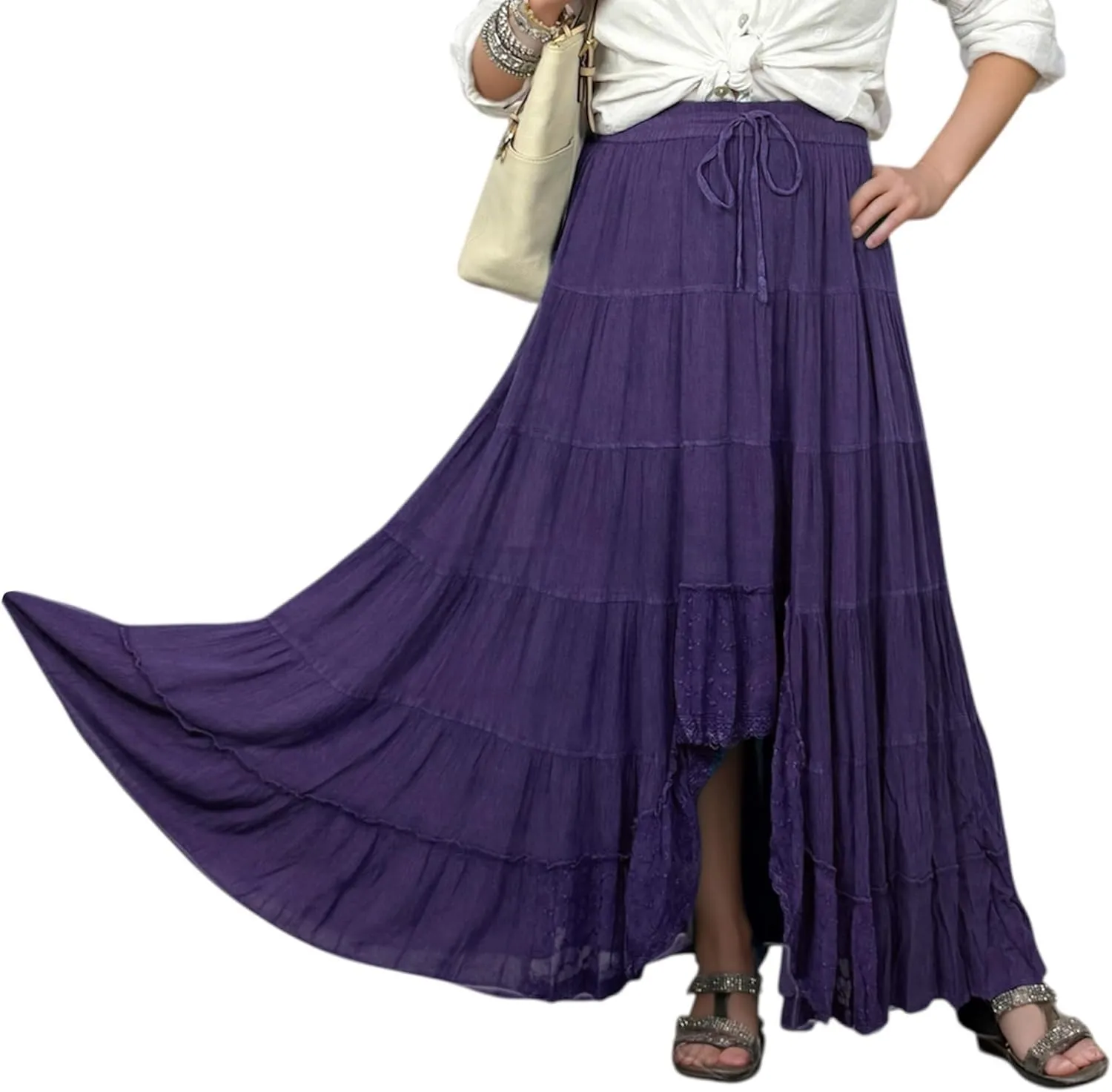Agan Traders Women's 2025 Spring Peasant Tiered A Line Flared High Low Elastic Waistband Flowy Long Maxi Skirt