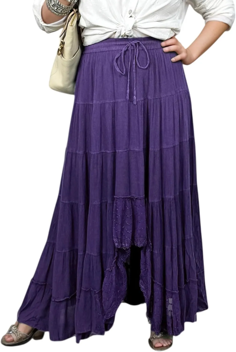 Agan Traders Women's 2025 Spring Peasant Tiered A Line Flared High Low Elastic Waistband Flowy Long Maxi Skirt