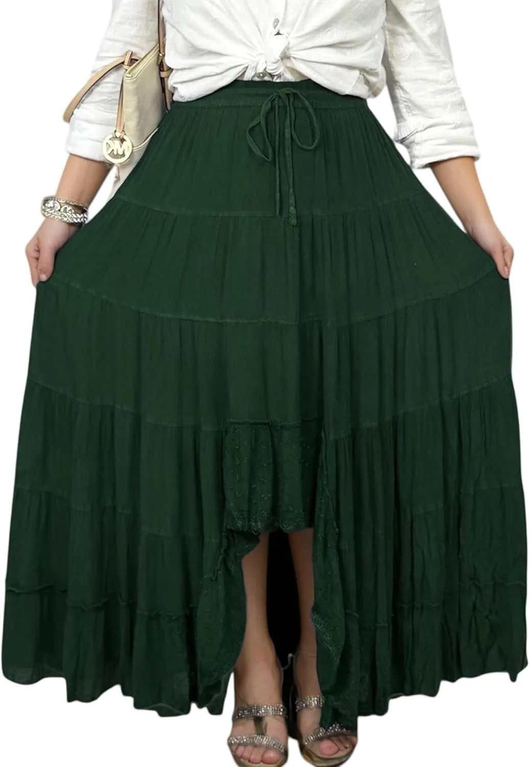 Agan Traders Women's 2025 Spring Peasant Tiered A Line Flared High Low Elastic Waistband Flowy Long Maxi Skirt