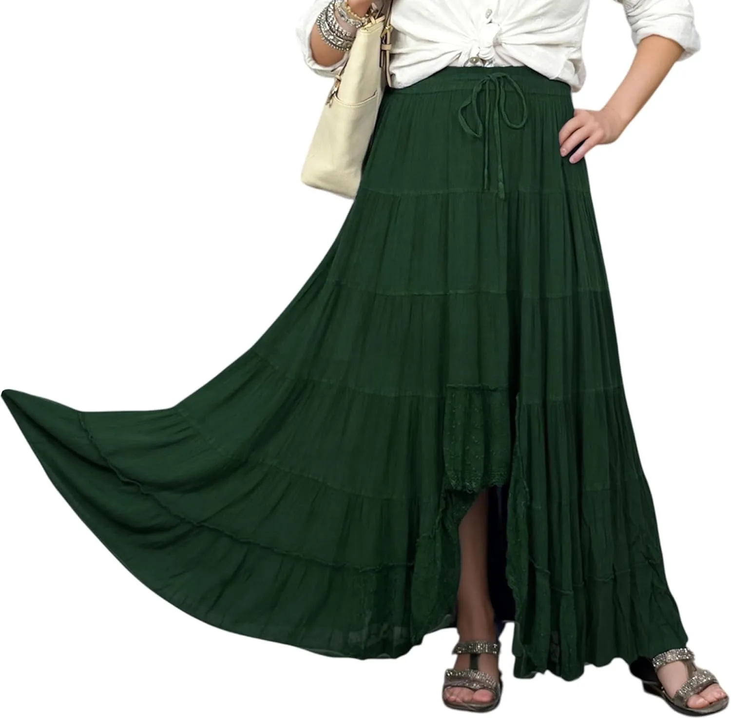 Agan Traders Women's 2025 Spring Peasant Tiered A Line Flared High Low Elastic Waistband Flowy Long Maxi Skirt