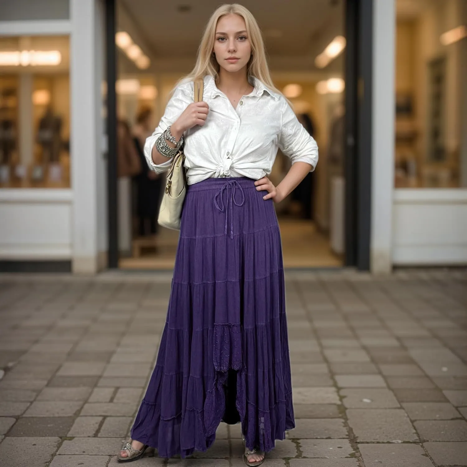 Agan Traders Women's 2025 Spring Peasant Tiered A Line Flared High Low Elastic Waistband Flowy Long Maxi Skirt