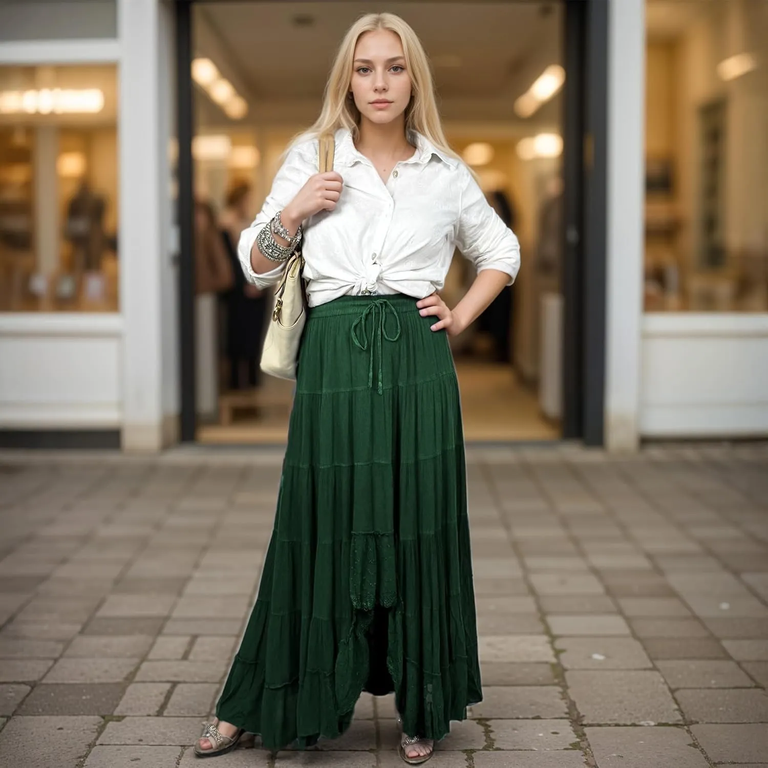 Agan Traders Women's 2025 Spring Peasant Tiered A Line Flared High Low Elastic Waistband Flowy Long Maxi Skirt