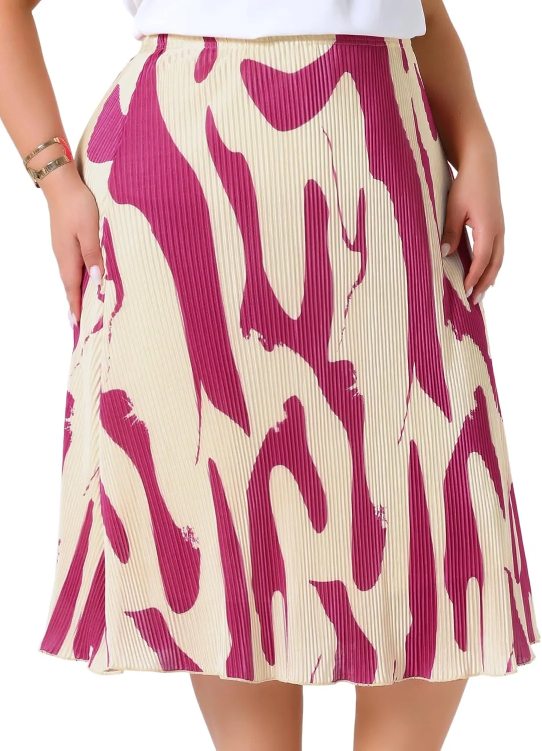 Agnes Orinda Plus Size Skirts for Women Trendy Summer Print Pleated High Waisted Business Casual A-Line Midi Skirt