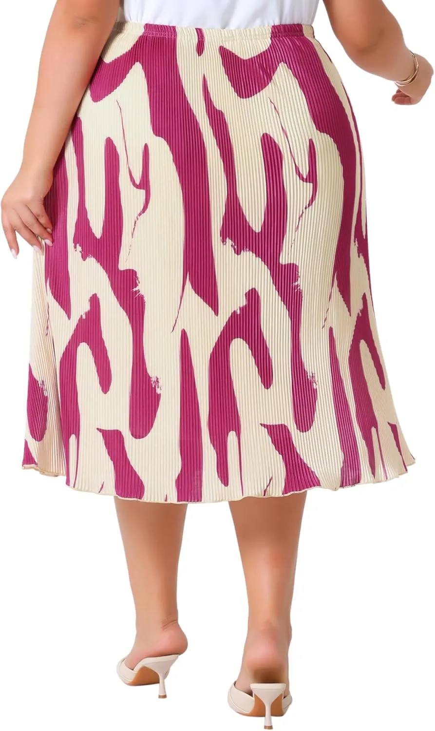 Agnes Orinda Plus Size Skirts for Women Trendy Summer Print Pleated High Waisted Business Casual A-Line Midi Skirt