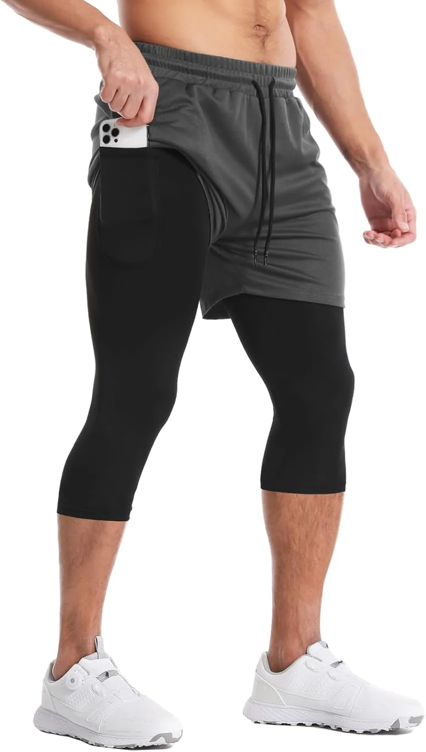 Aolesy Men's 2 in 1 Running Pants, Gym Workout Compression Pants for Men Training Athletic Pants