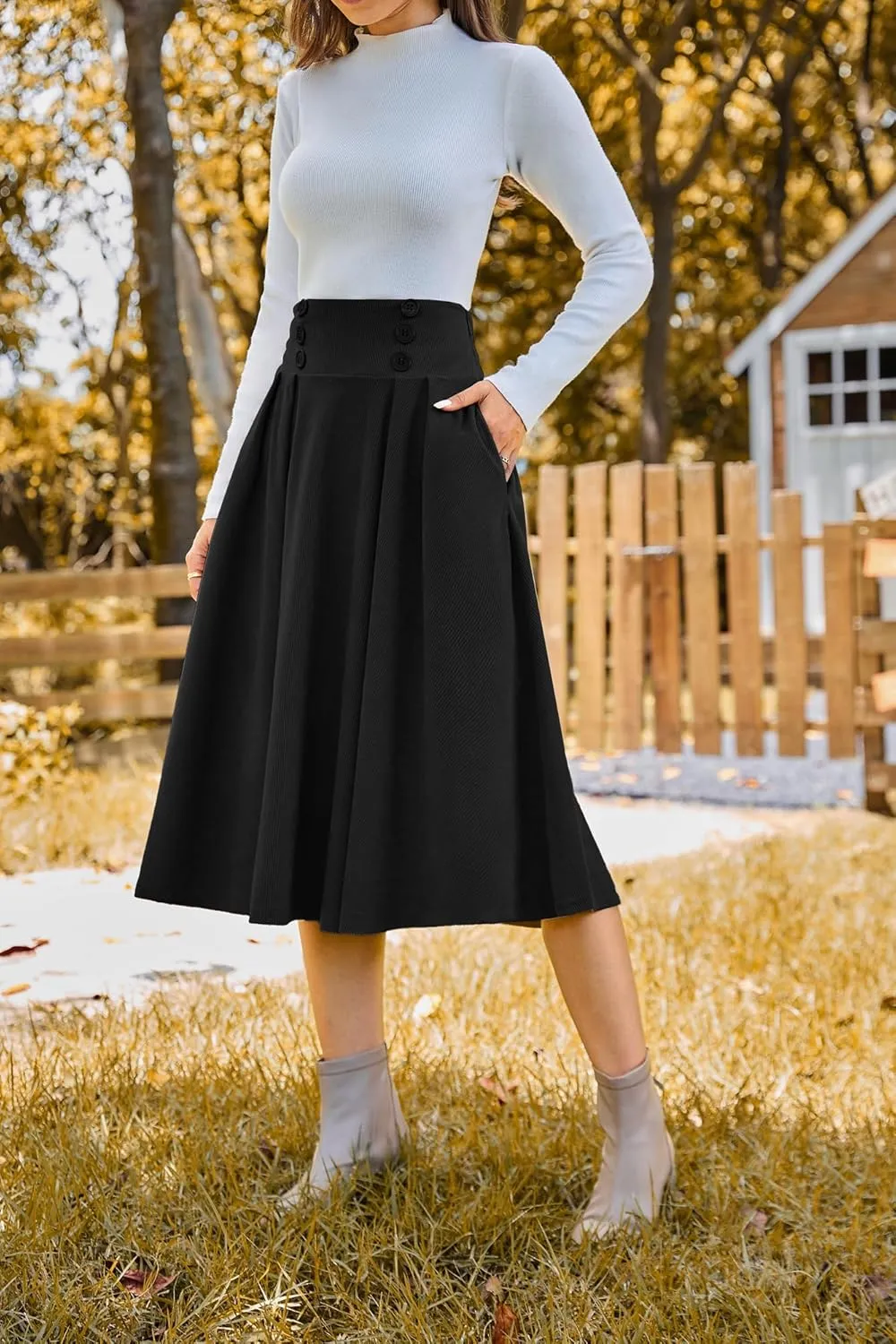 Belle Poque Corduroy Skirt for Women A-Line Flared Swing Skirt Midi High Waist Skirts