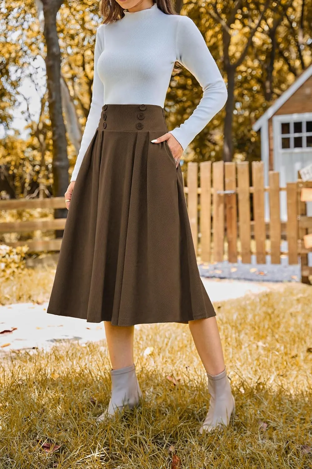 Belle Poque Corduroy Skirt for Women A-Line Flared Swing Skirt Midi High Waist Skirts