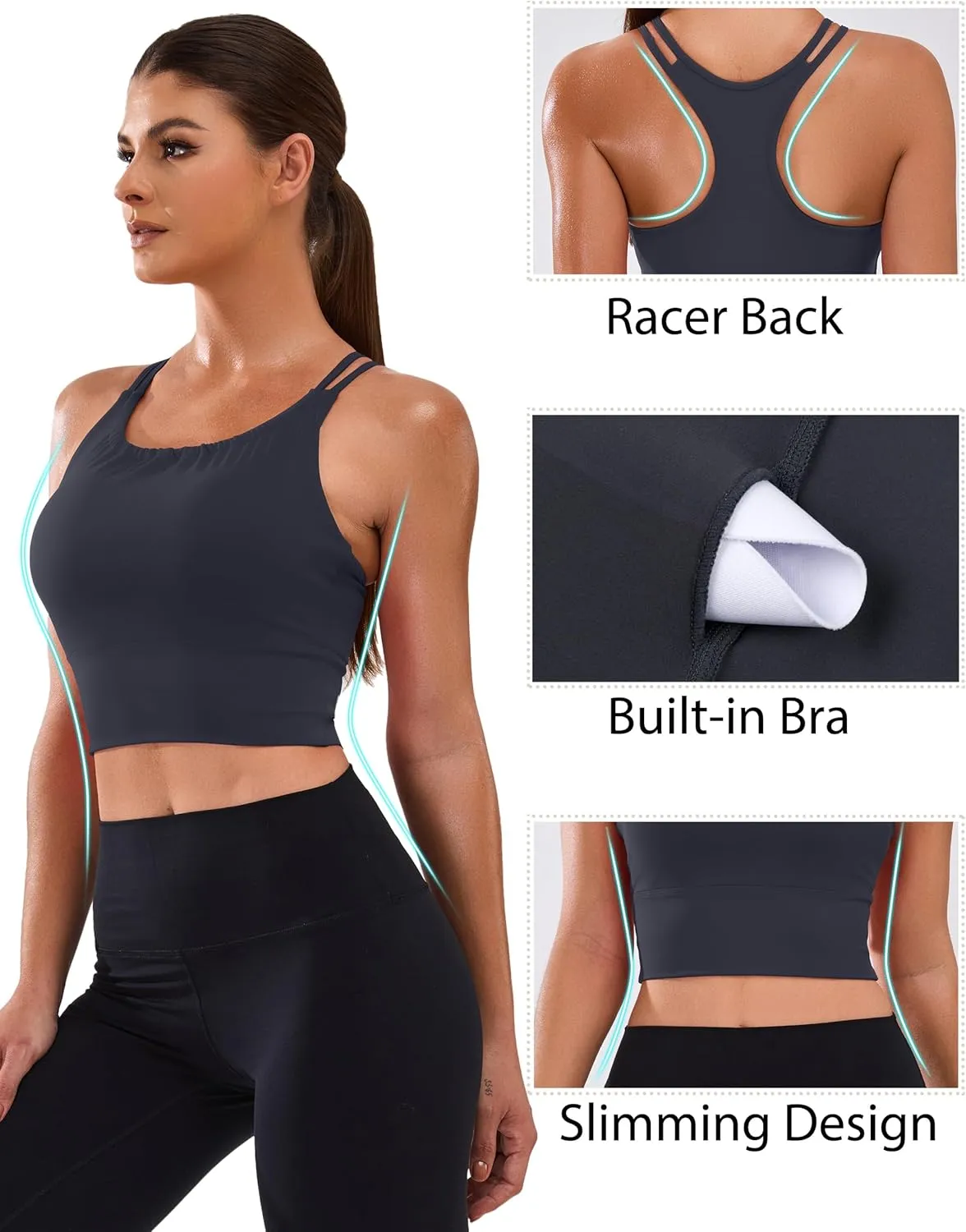 BMJL Women's Workout Tank Top Bulit in Bra Removable Pad Racerback Athletic Gym Yoga Camisole Smocked Neck Cropped Top