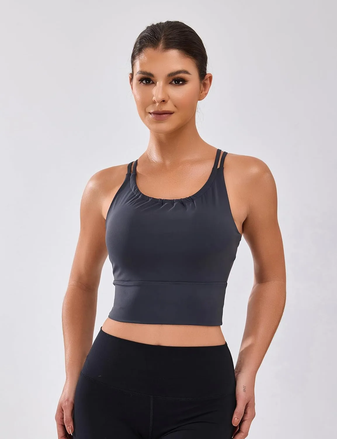 BMJL Women's Workout Tank Top Bulit in Bra Removable Pad Racerback Athletic Gym Yoga Camisole Smocked Neck Cropped Top