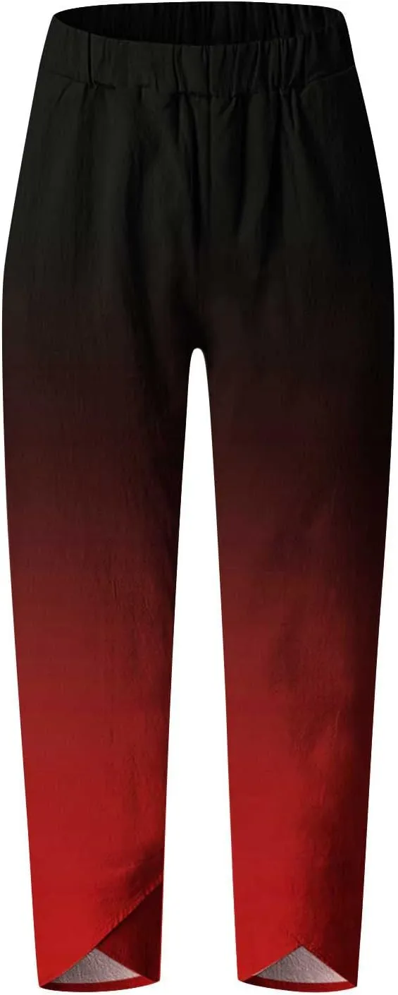 BZGTZT Capri Linen Pants for Women Lounge Pants High Waist Casual Gradient Summer Loose Fit Sweatpants Tapered Trousers