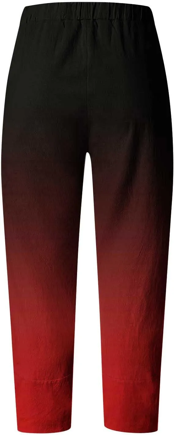 BZGTZT Capri Linen Pants for Women Lounge Pants High Waist Casual Gradient Summer Loose Fit Sweatpants Tapered Trousers