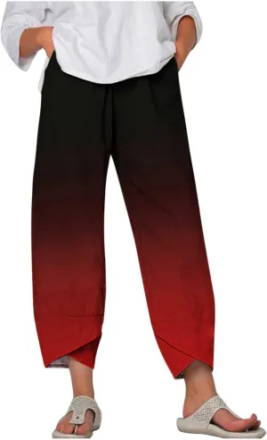BZGTZT Capri Linen Pants for Women Lounge Pants High Waist Casual Gradient Summer Loose Fit Sweatpants Tapered Trousers