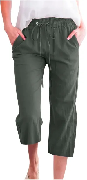 Capri Linen Pants for Women Summer Casual Wide Leg Pants Loose Fit Palazzo Pants Elastic Waist Cropped Trousers S-5X