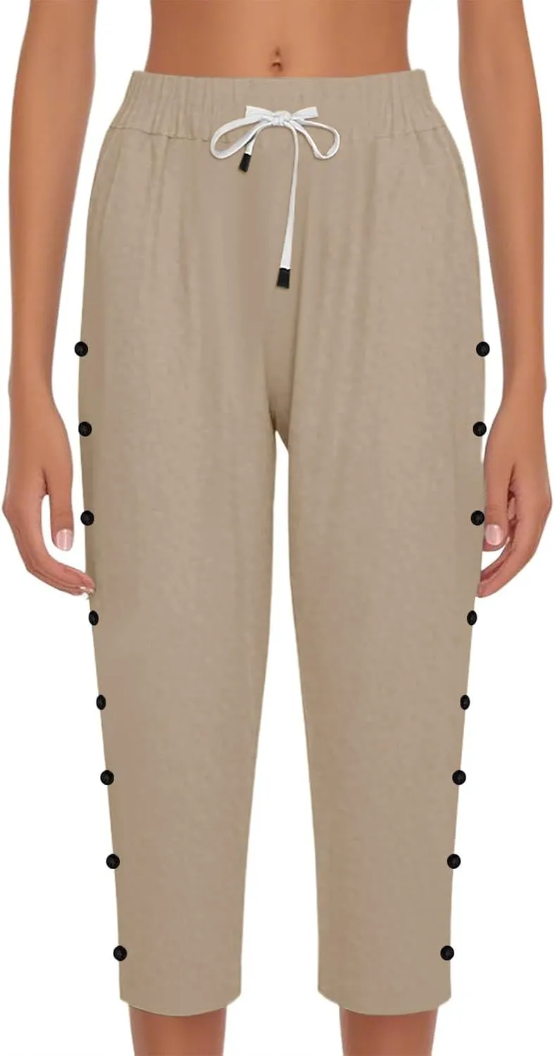 Capri Linen Pants Women Casual Summer Drawstring Elastic High Waist Linen Pant Straight Wide Leg Cropped