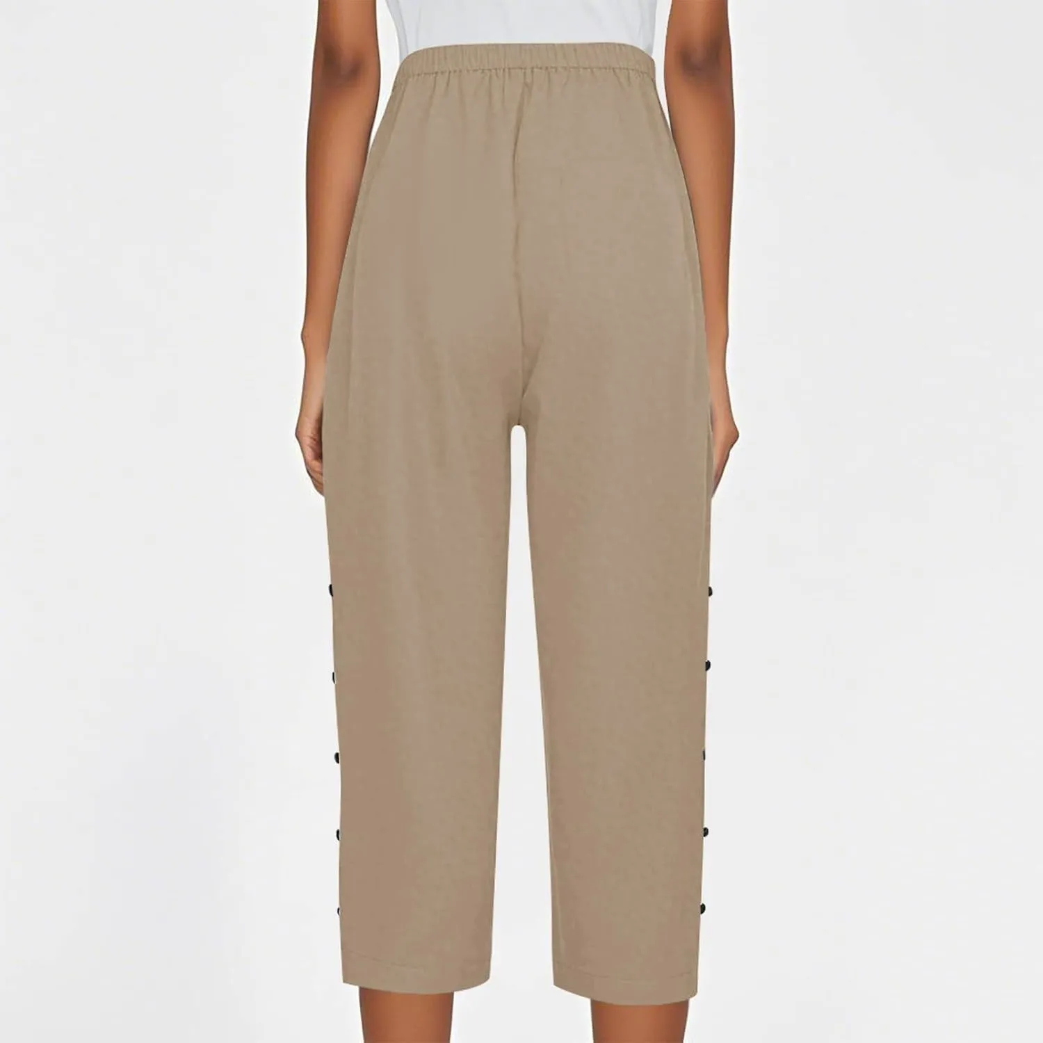 Capri Linen Pants Women Casual Summer Drawstring Elastic High Waist Linen Pant Straight Wide Leg Cropped