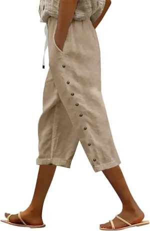 Capri Linen Pants Women Casual Summer Drawstring Elastic High Waist Linen Pant Straight Wide Leg Cropped