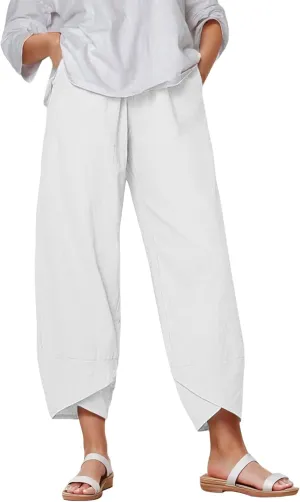 Capri Pants for Women Plus Size Linen Pants Wide Leg with Pockets Drawstring Casual Flowy Palazzo Linen Pants Women