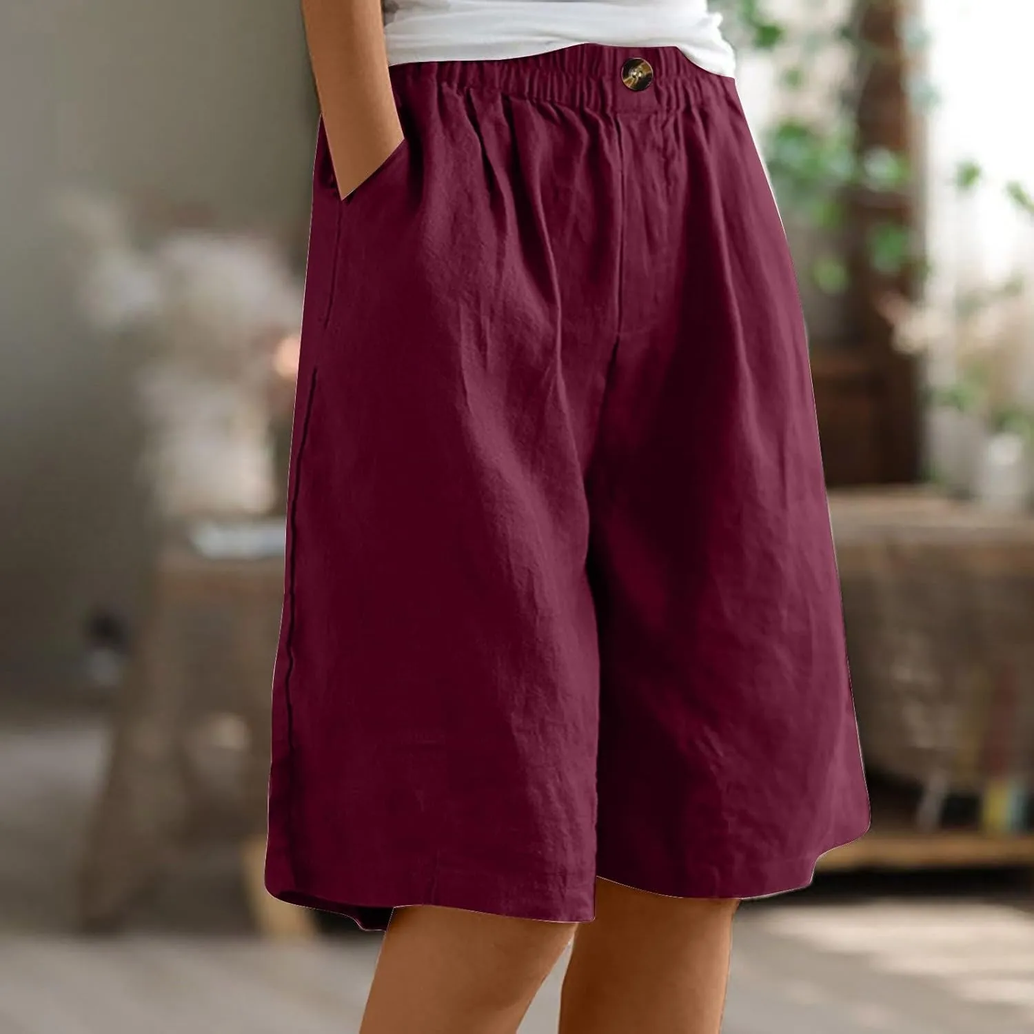 Capri Pants for Women Summer Cotton Linen Capris Wide Leg Cropped Trouser Drawstring Elastic High Waist Pants