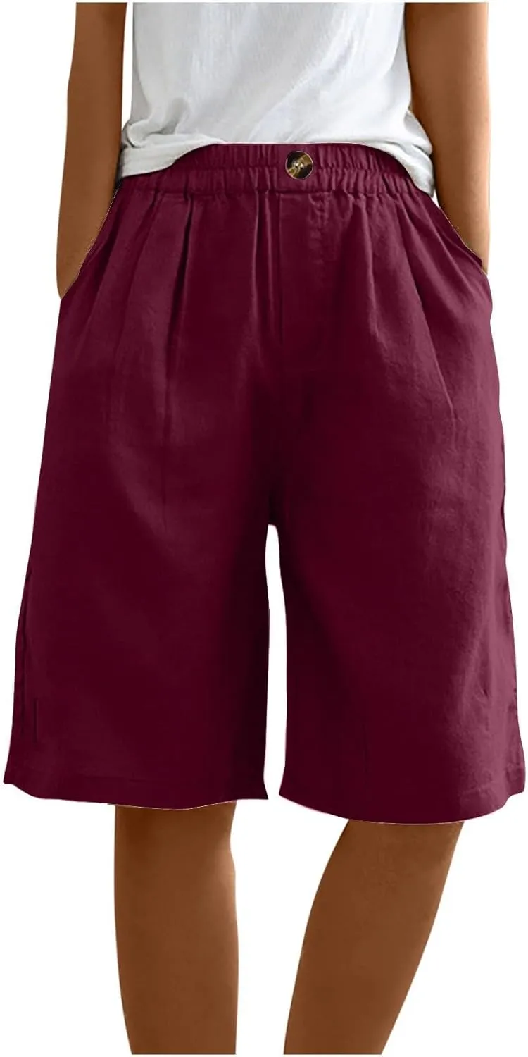 Capri Pants for Women Summer Cotton Linen Capris Wide Leg Cropped Trouser Drawstring Elastic High Waist Pants