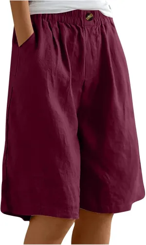 Capri Pants for Women Summer Cotton Linen Capris Wide Leg Cropped Trouser Drawstring Elastic High Waist Pants