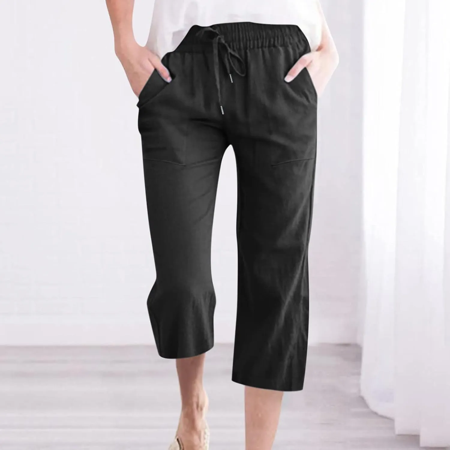 Capri Pants for Women Summer Cotton Linen Pant Casual Beach Capris Lounge Wide Leg Cropped Trousers Pant with Pockets