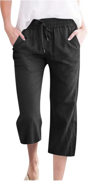 Capri Pants for Women Summer Cotton Linen Pant Casual Beach Capris Lounge Wide Leg Cropped Trousers Pant with Pockets