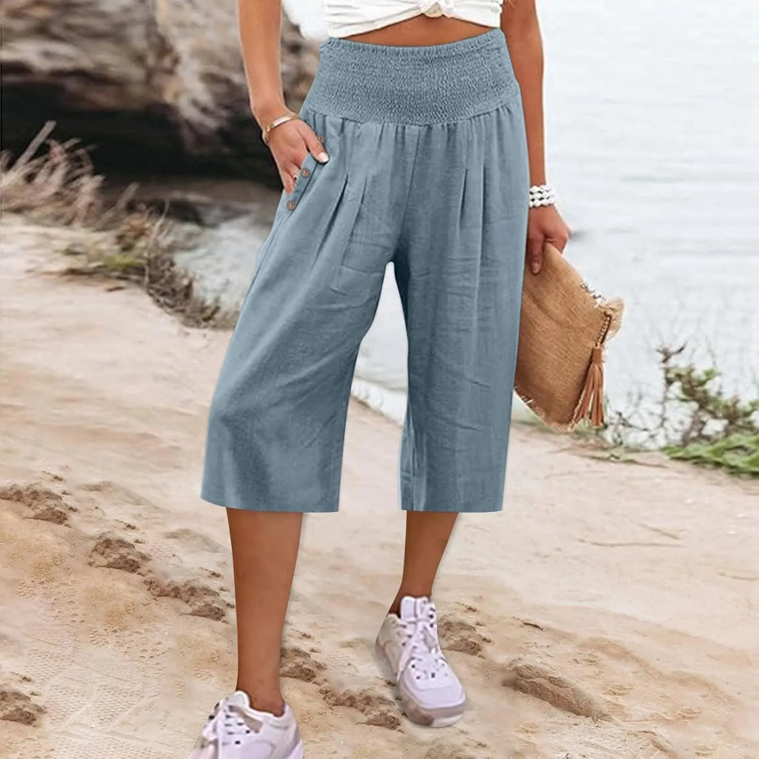 Capri Pants for Women, Wide Leg with Pockets High Waist Tummy Control