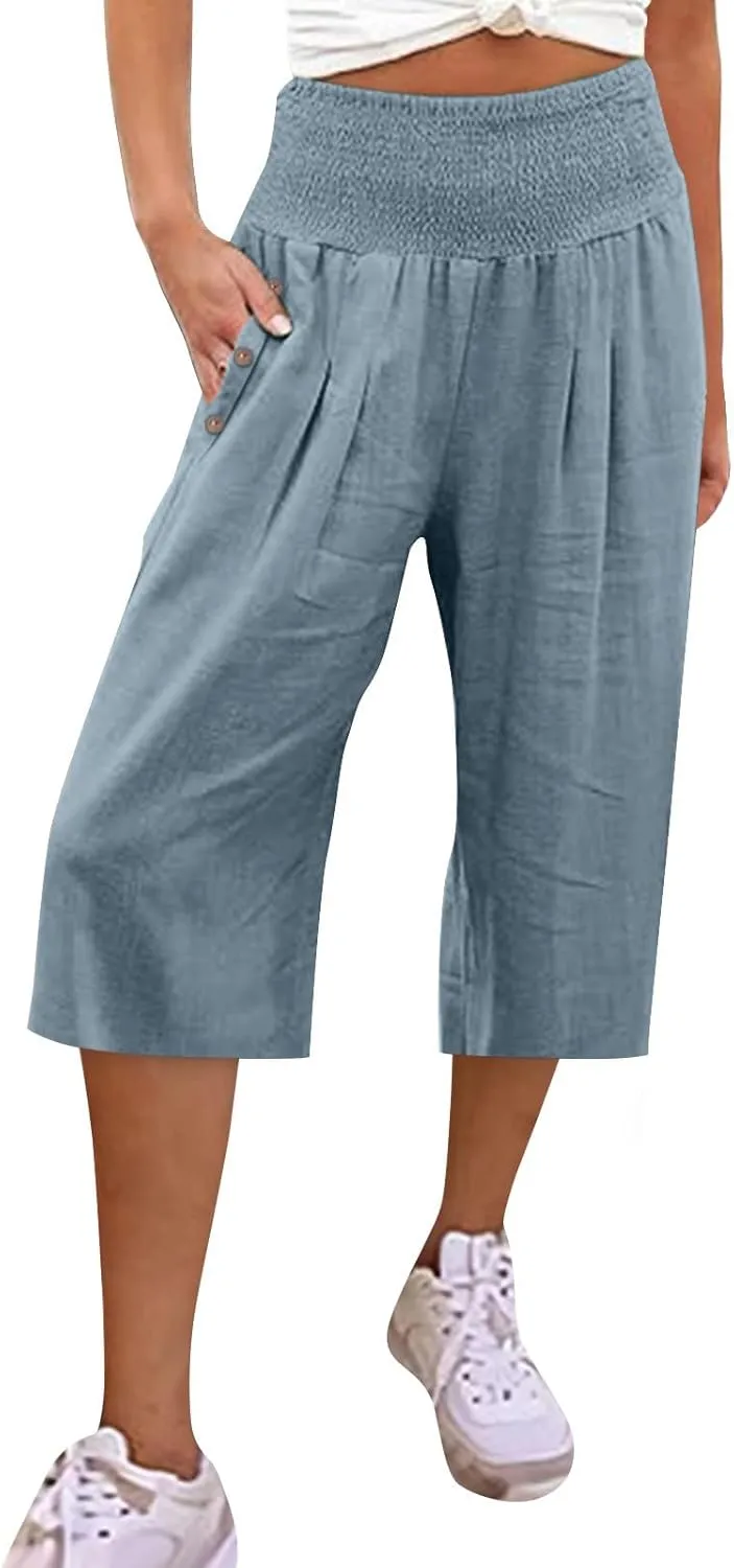 Capri Pants for Women, Wide Leg with Pockets High Waist Tummy Control