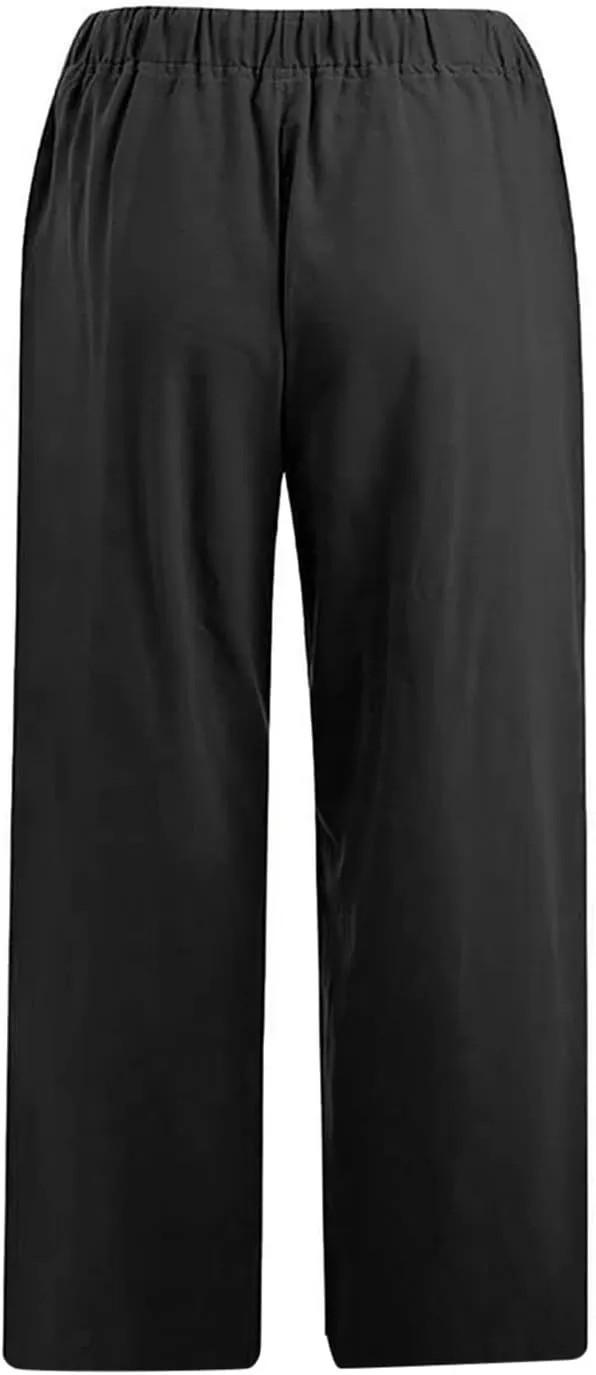 Capris Linen Pants for Women Drawstring Elastic Waist Wide Leg Trousers Solid Color Cropped Pants with Pockets