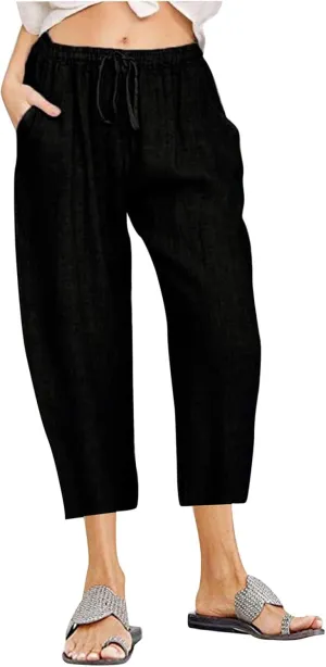 Capris Linen Pants for Women Drawstring Elastic Waist Wide Leg Trousers Solid Color Cropped Pants with Pockets