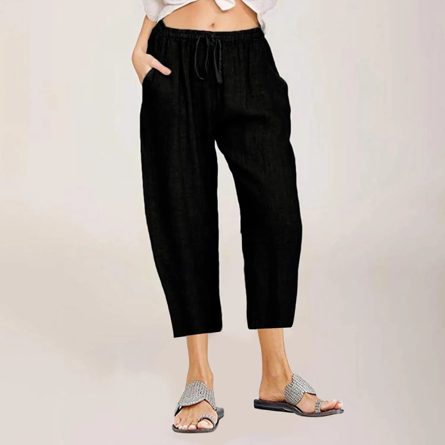 Capris Linen Pants for Women Drawstring Elastic Waist Wide Leg Trousers Solid Color Cropped Pants with Pockets