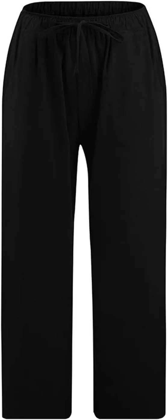 Capris Linen Pants for Women Drawstring Elastic Waist Wide Leg Trousers Solid Color Cropped Pants with Pockets