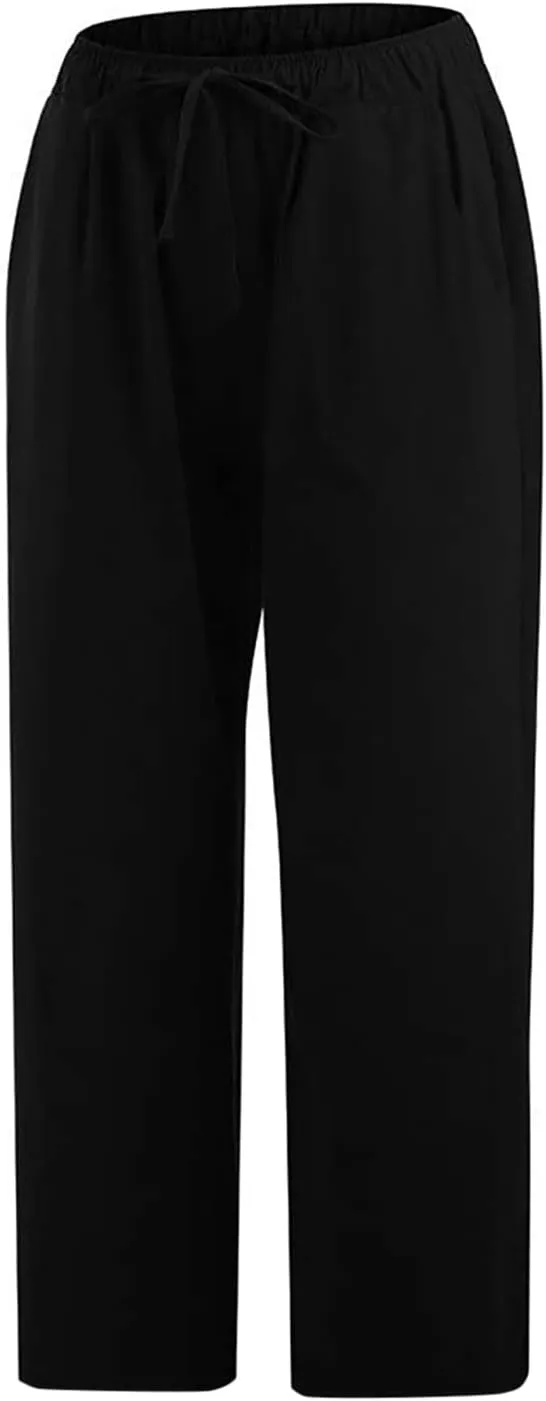 Capris Linen Pants for Women Drawstring Elastic Waist Wide Leg Trousers Solid Color Cropped Pants with Pockets
