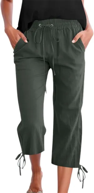 Capris Pants for Women Casual Summer 2025 Linen Straight Leg Cropped Trouser Drawstring Elastic Waist Beach Pants