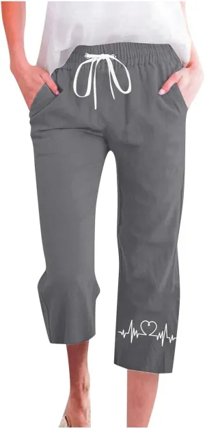Capris Pants for Women Cotton Linen Casual Summer Straight Leg ECG Print Drawstring Elastic Waist Cropped Trouser